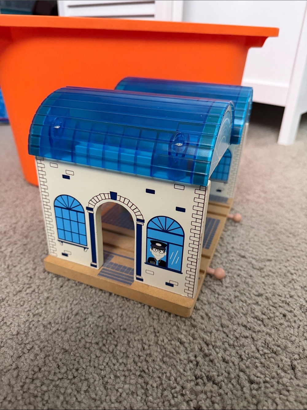 Vintage Toys R Us Wooden Toy Train Station with Blue Roof